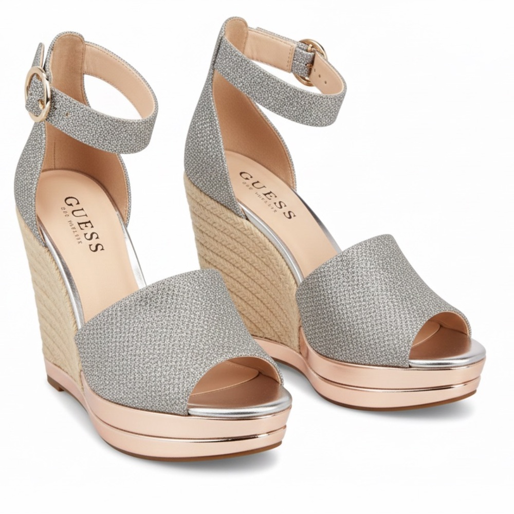 Guess Silver and Tan Wedge Sandals size 6.5